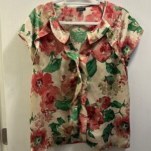 Talbots Blouse Womens Size 10 Tan Floral Ruffle Polyester Sleeveless Top  EUC